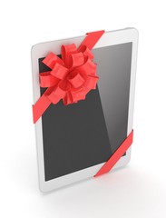 White tablet with red bow. 3D rendering.