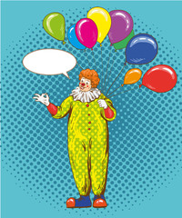 Smiling clown cartoon character with colorful balloons. Vector illustration in comic pop art style.