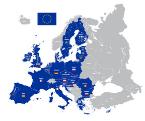 Fototapeta premium Mapa Unii Europejskiej z flagami państw