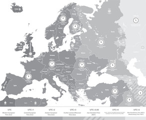 Europe vector time zones map in grey scales with location and clock icons. All layers detachable and labeled