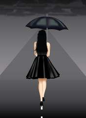 Illustration of a girl walking on a road during a storm