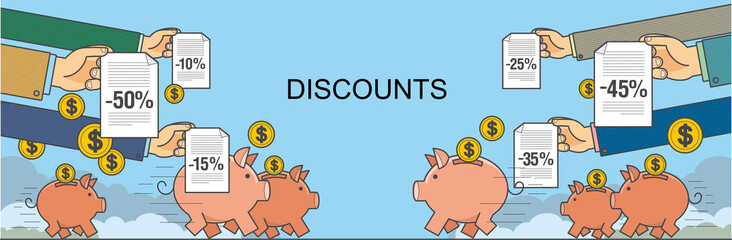Плоская линейная иллюстрация о скидках, бонусах, выгоде и экономии, со свиньями-копилками и процентами