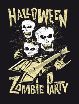 Макет афиши, плаката, листовк для праздника хэллоуин, зомби вечеринки или музыкального концерта с черепами