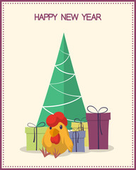 Winter holidays greeting cards with Christmas tree, gift boxes and Rooster, Chinese New Year