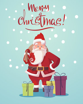 Christmas vector illustration with Santa Claus and gifts