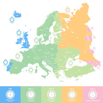 Europe time zones vector map with clocks icons