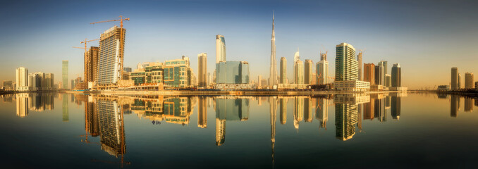 Naklejka premium Panoramic view of Business bay and downtown area of Dubai, UAE