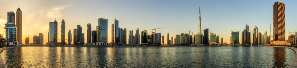 Panoramic view of Business bay and downtown area of Dubai, UAE