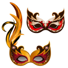 Set of carnival mask with feathers isolated on white background. Red and yellow mask.