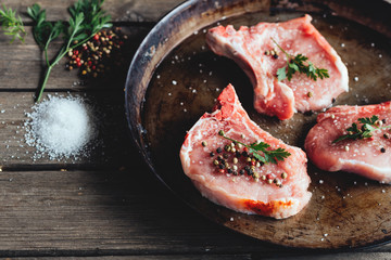 Raw meat on the vintage table