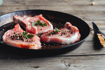 Raw meat on the vintage table