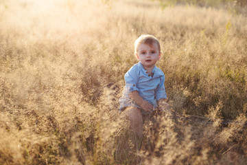 Naklejka na ściany i meble One year old baby boy in a meadow climbing a log at sunset.