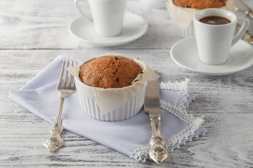 Banana cake and coffee for breakfast, Selective focus.