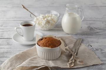 Banana cake and coffee for breakfast, Selective focus.