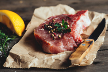 Raw meat on the vintage table