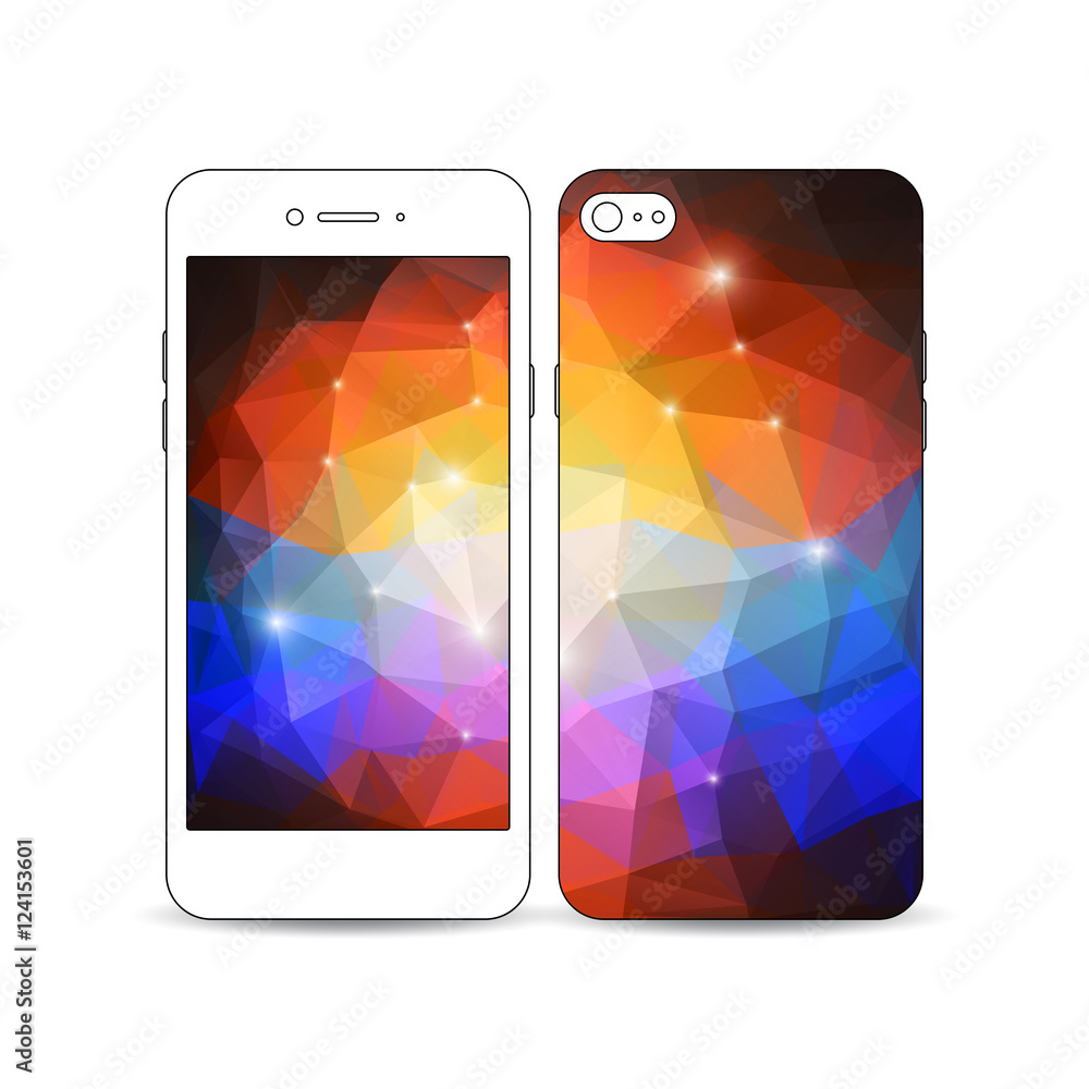 Poster mobile smartphone with an example of the screen and cover design isolated on white. abstract colorfu