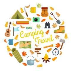 vector set of flat camping touristic icons.Camping vector set with bonfire, tourist tent,  