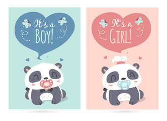 Obraz premium wektor kreskówka styl słodkie panda to ilustracja chłopiec i dziewczynka