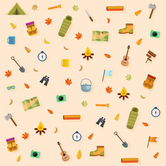 vector set of flat camping touristic icons.Camping vector set with bonfire, tourist tent,  guitar