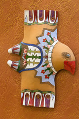 Clay decoration multicolored bird. Ceramic toy crow. - obrazy, fototapety, plakaty