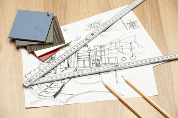 Fototapeta premium Architecture rolls of architectural plans for the project of architect blueprints.