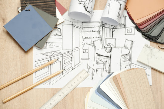 Architecture rolls of architectural plans for the project of architect blueprints.