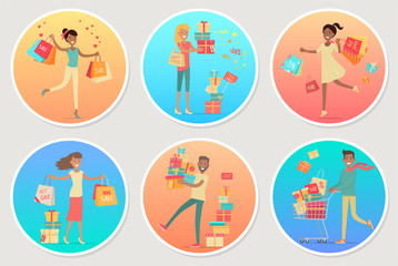 Set of Banners Sale with People. Gifting Boxes