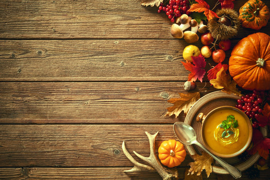 Thanksgiving autumn background with pumpkin soup