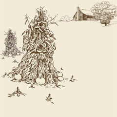 Background with farmhouse, cornstalks and oak tree.
Hand drawn vector illustration in sepia color.


