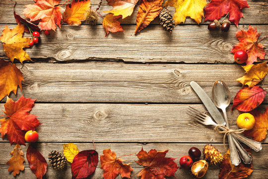 Thanksgiving autumn background with the vintage silverware