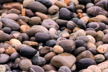 Wet pebble background on the seashore. Depth of field