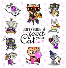 Vector set with cat stickers. Hungry pets. Emoji for chats. Badges where cats eating and drinking food.