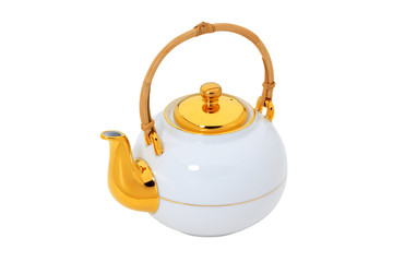 White teapot with gold and wooden handle  isolated with clipping