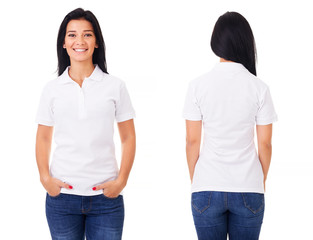 Happy woman in white polo shirt - obrazy, fototapety, plakaty