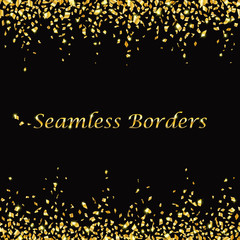 Shiny seamless borders made of golden confetti  on black background. Vector illustration.