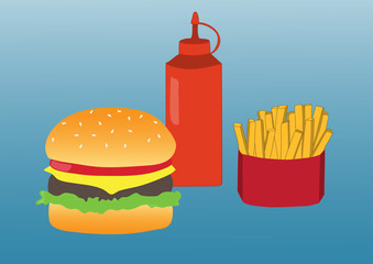 Simple illustration of french fries, burger and ketchup. Flat design. Vector poster of fast food