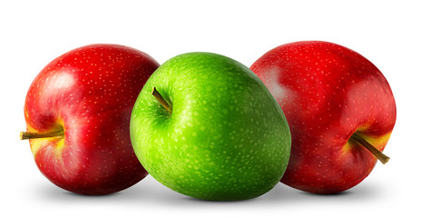Group of red and green apples on white background.