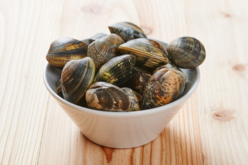 Raw clams in white bowl