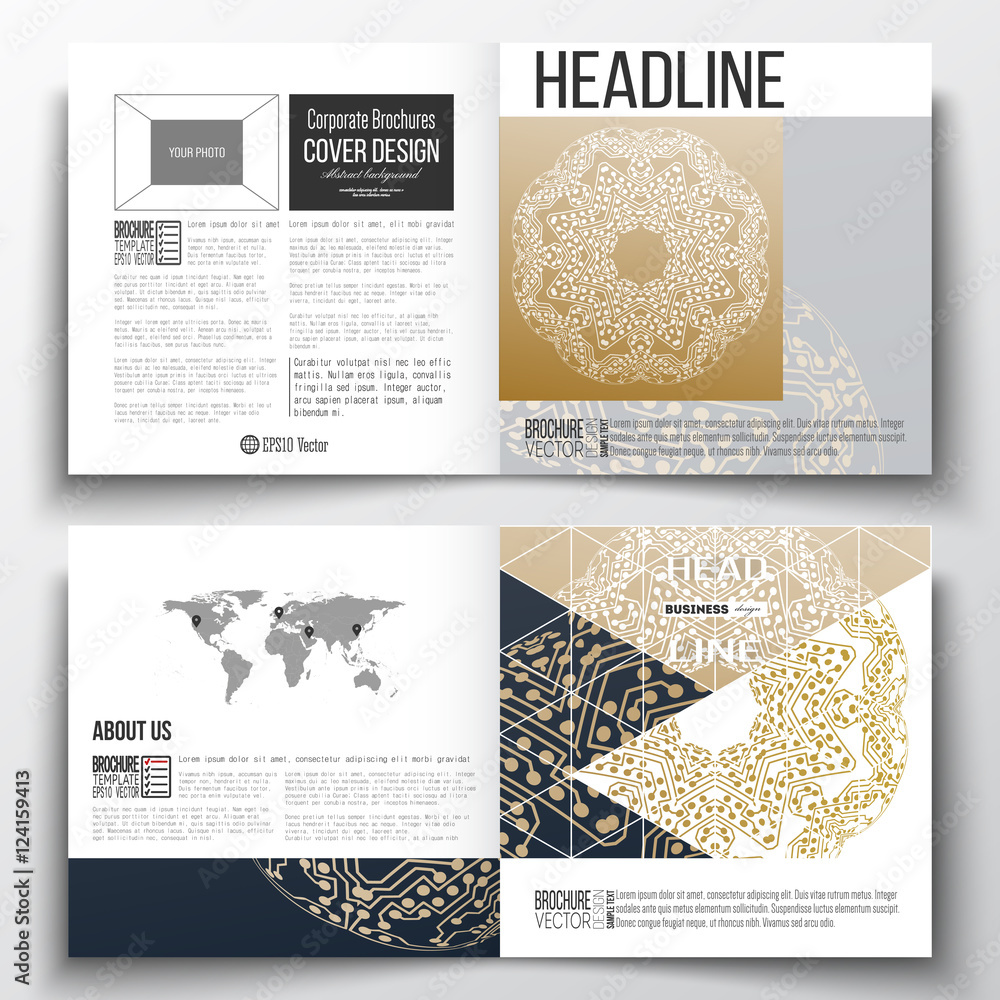Poster set of square design brochure template. golden microchip pattern, connecting dots and lines, connect