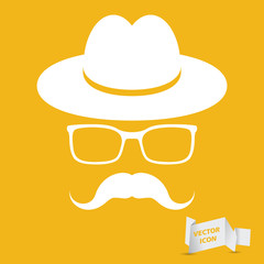 white hat with mustache and glasses isolated on athe yellow back