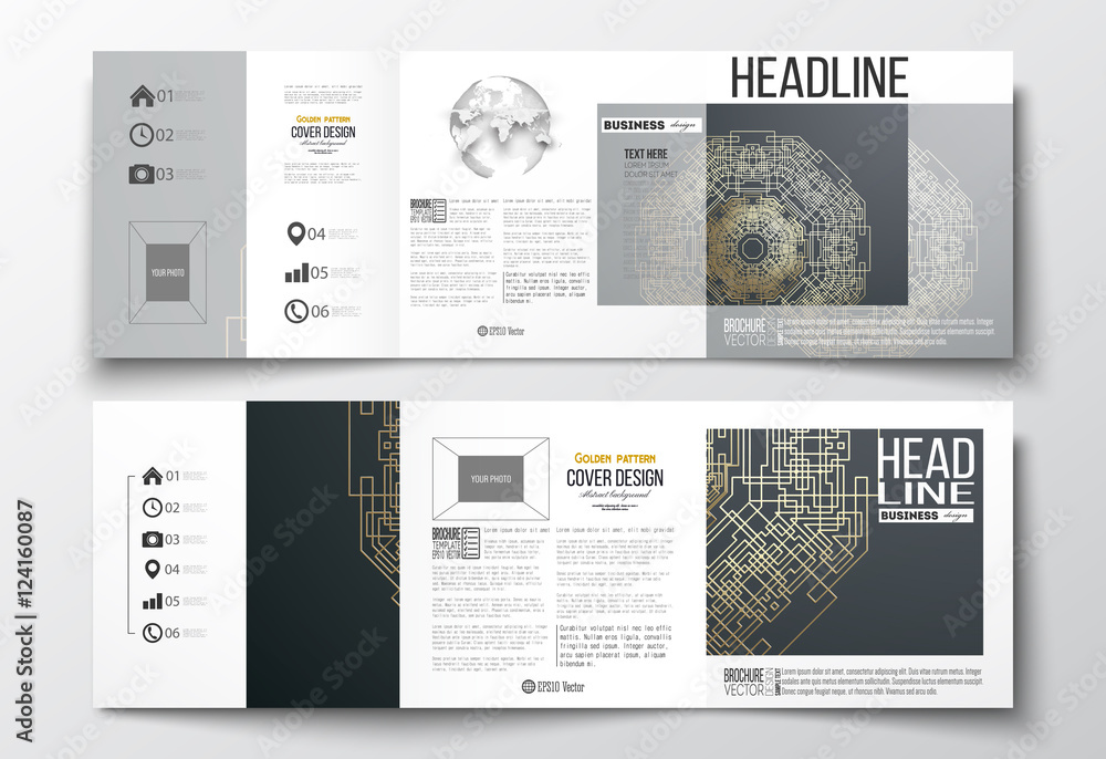 Aufkleber set of tri-fold brochures, square design templates. round golden technology pattern on dark backgrou