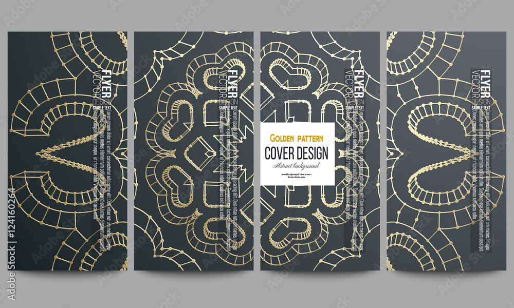 Poster set of modern flyers. polygonal backdrop with golden connecting dots and lines, connection structure