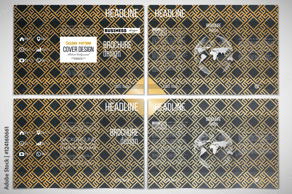 Poster set of tri-fold brochure design template on both sides with world globe element. islamic gold patter