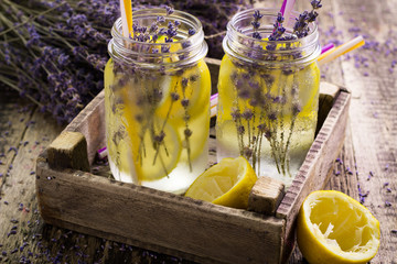 Lavender Lemonade, Natural Refreshing Drink on wooden background