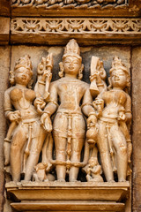 Fototapeta na wymiar Famous sculptures of Khajuraho temples, India