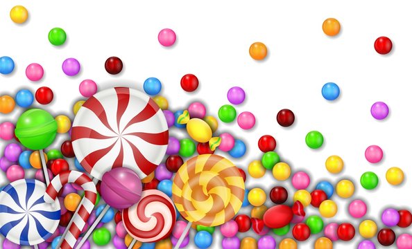 Sweet of candies with lollipop on white background