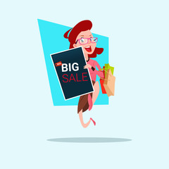 Woman With Shopping Bag Black Friday Big Sale Banner Vector Illustration
