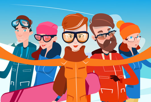 People Group With Ski Snowboard Take Selfie Photo Winter Activity Sport Vacation Flat Vector Illustration