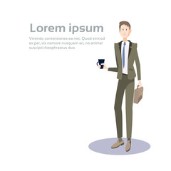 Business Man Manager Hold Cup Suitcase, Businessman Coffee Break Banner With Copy Space Flat Vector Illustration
