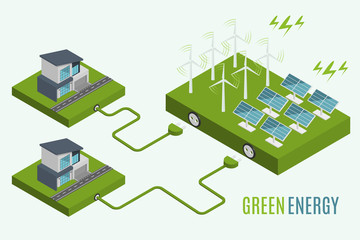 Houses with alternative Eco Green Energy, flat 3d web isometric infographic concept. Wind Turbines and Solar Panels set. Vector illustration